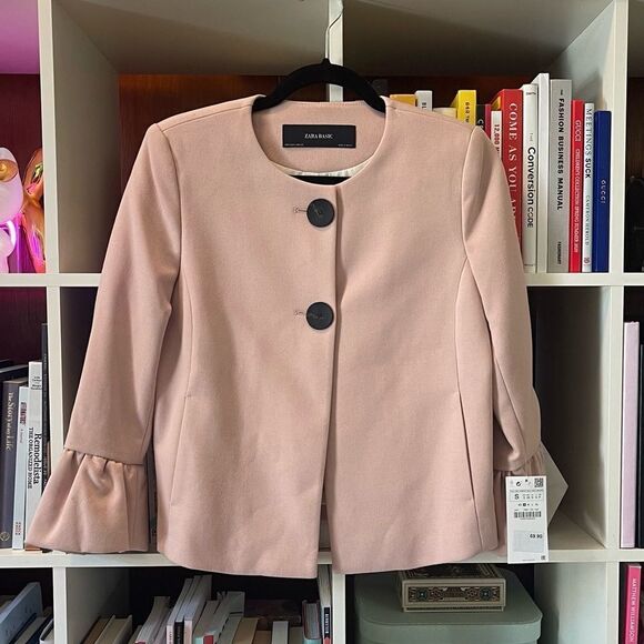 Zara Nude Pink Blazer Jacket with Ruffle on Sleeve Hem NWT - Picture 3 of 9